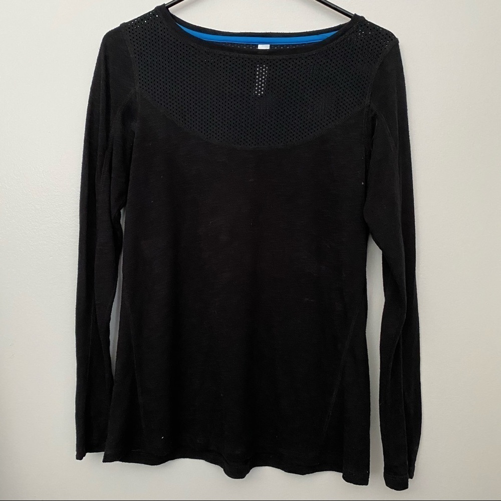 Black Long Sleeve TShirt Cotton Top w Mesh Detail